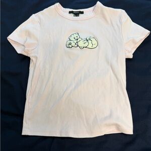 Forever 21 Light Pink Teddy Bear Embroidered Tee